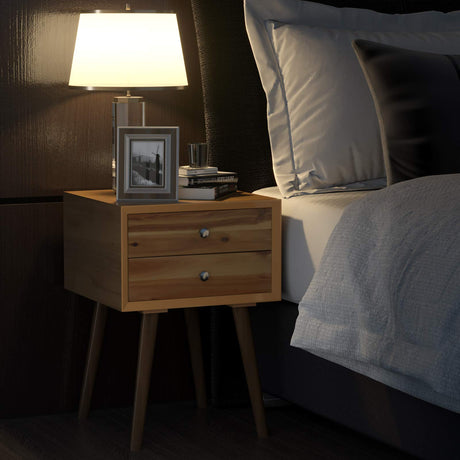 COSTWAY Wooden Nightstand Mid-Century End Side Table Bedroom W/2 Storage Drawers Natural