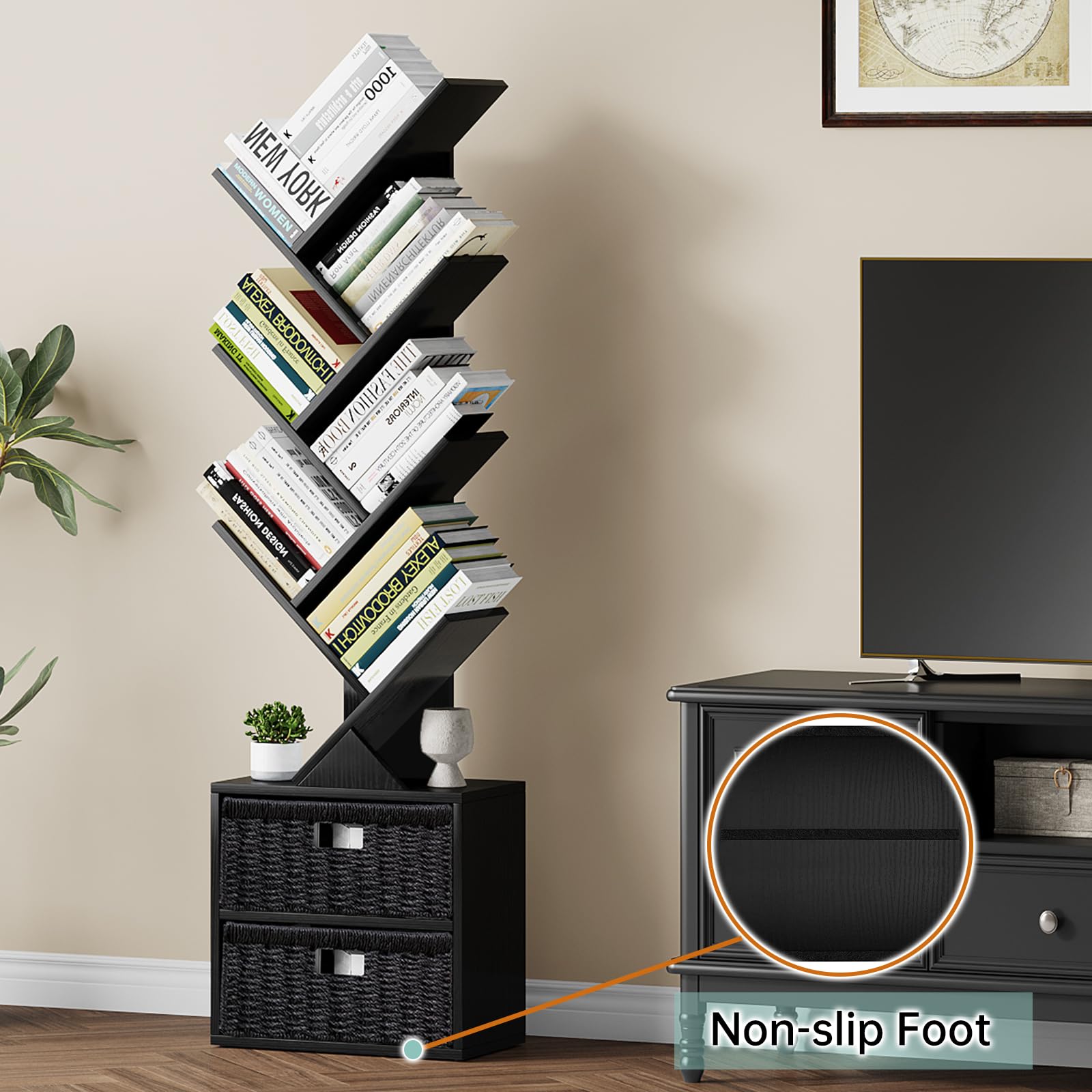 Vagusicc 6 Tier Tree Bookshelf, Modern Floor Standing Bookcase with Storage Drawer, Space Saving Storage Organizer Book Shelves for Books, Tall Wood Storage Rack for Bedroom/Living Room/Home Office