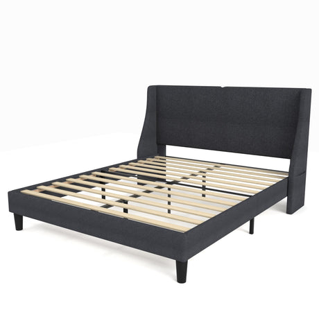 Queen Bed Frame with Type-C & USB Port, Wingback Headboard, Upholstered Platform