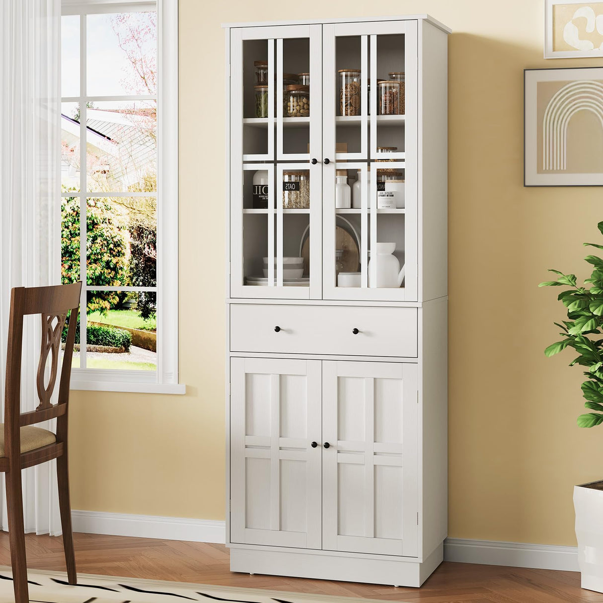 Kitchen Pantry Storage Cabinet, Tall Pantry Cabinet with Glass Doors and Large Drawer