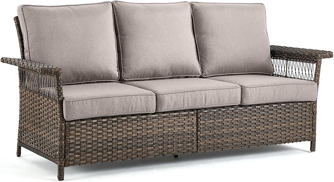 Patio Wicker Sofa 3-Seat Sofa Brown PE Rattan Couch