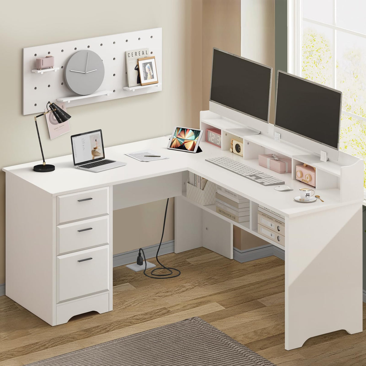 White L Shaped Desk with 3 Drawers, 60 inch White Executive Desk er Computer Desk