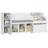 67" Kids Reading Nook with Bench, Kids Bookshelf and Bookcase with Seat Cushion and 6 Storage Cubbies, Toy Storage Box on Wheels, Toy Chest for Playroom, Bedroom, School, White