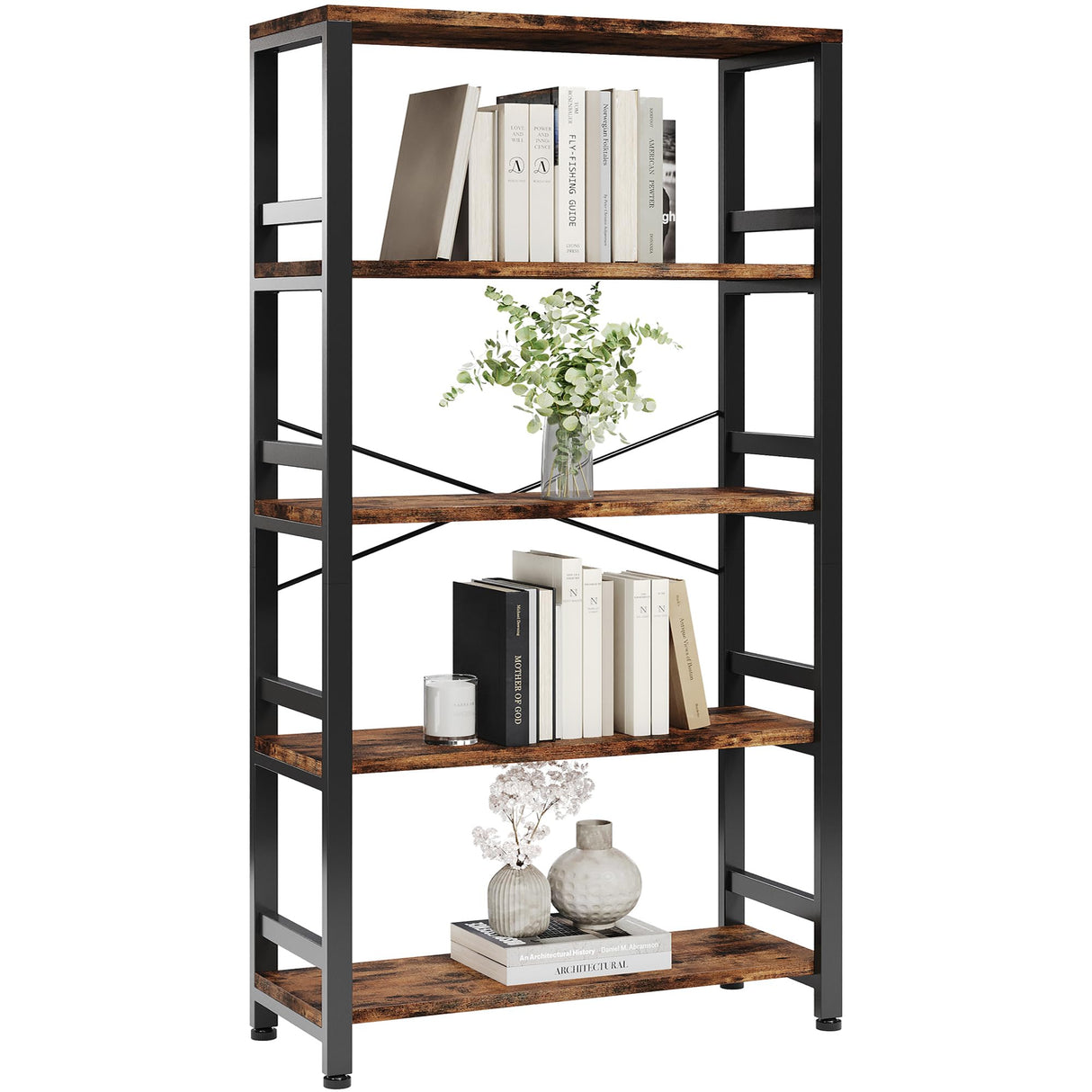 Bookshelves and Bookcases, 31.5in Wide Shelf 5-Tier Ladder Shelf 110lbs/shelf Vintage Industrial Style