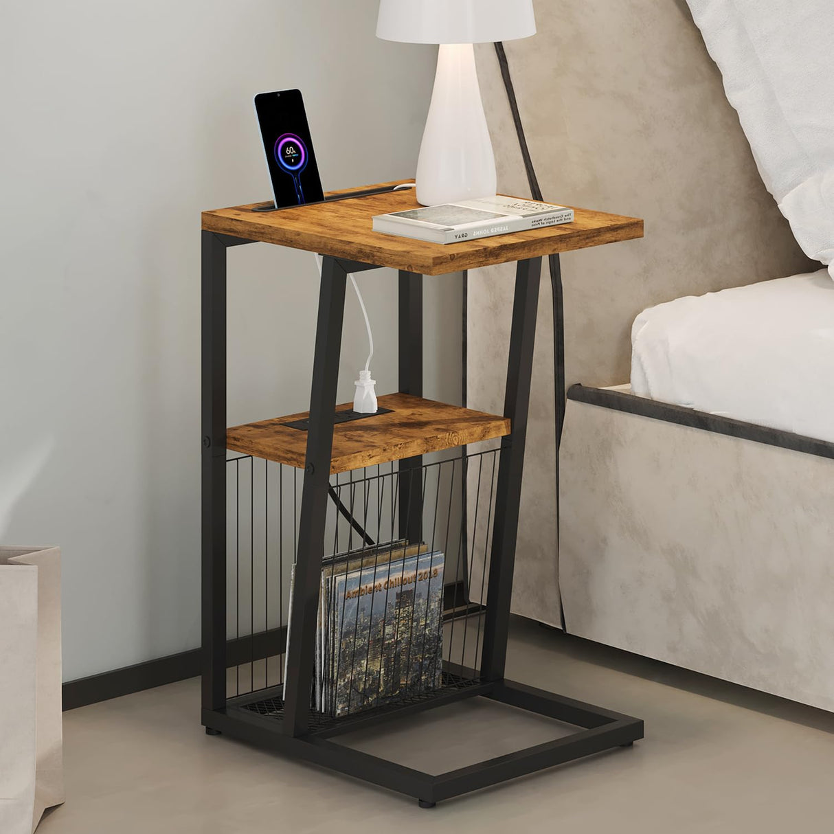 Side Table, C Shaped Nightstand End Table with Charging Station and Phone Holder