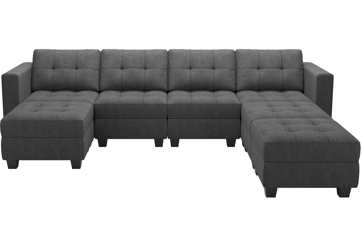 Belffin Modular Storage U-Shape Sectional Sofa Couch with Reversible Chaises 7-seat Sofa with Storage Seat Modular Sectional Sofa Set with Ottomans Modern Fabric Dark Grey