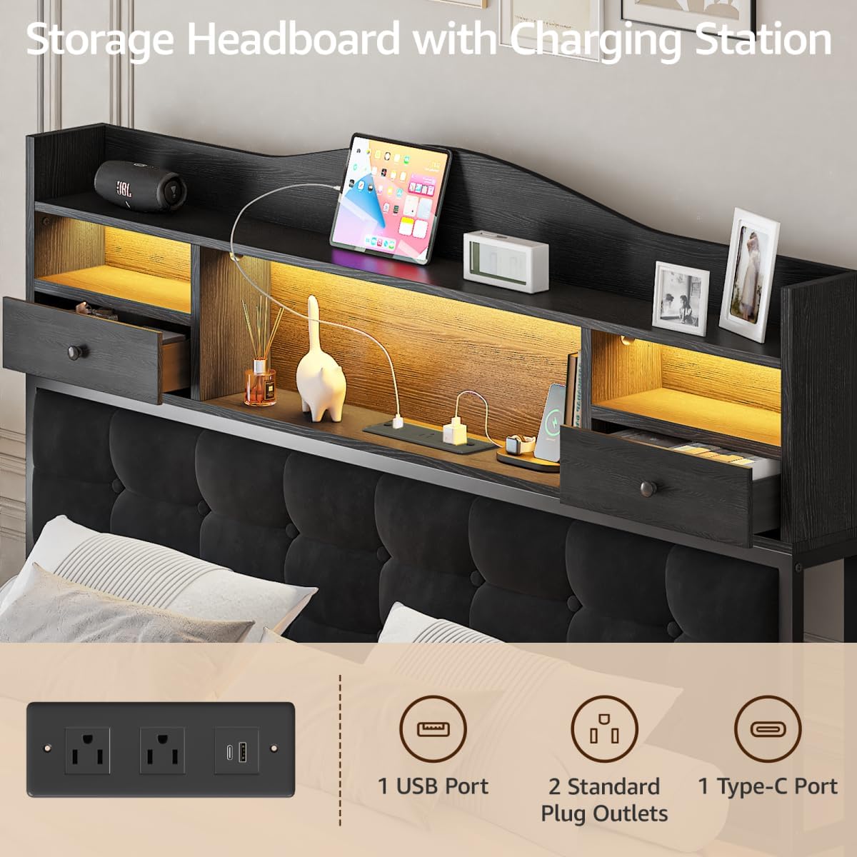 Full Bed Frame with Storage Headboard and LED Lights