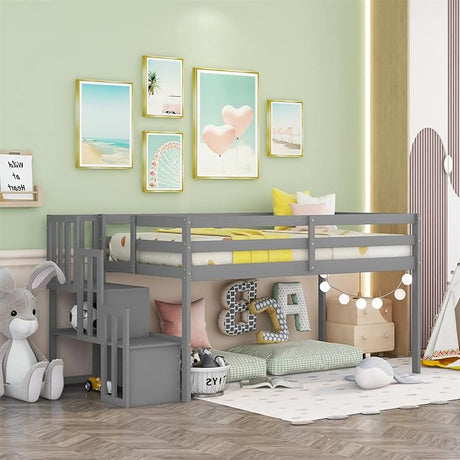 Twin Size Low Loft Bed for Kids,Loft Bed with Slide and Ladder