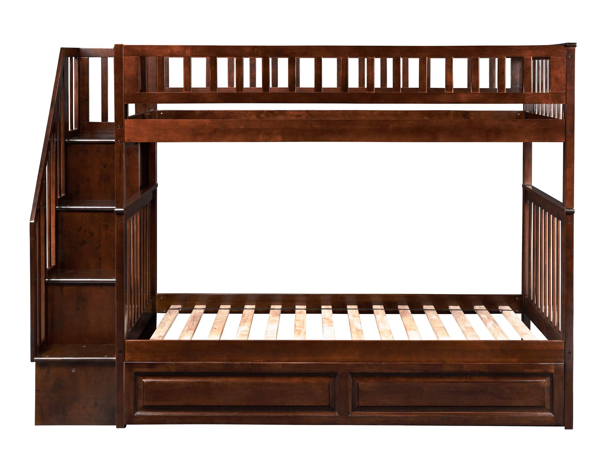 Woodland Staircase Bunk Bed Twin Over Twin with Twin Size Raised Panel Trundle and Attachable USB Charger