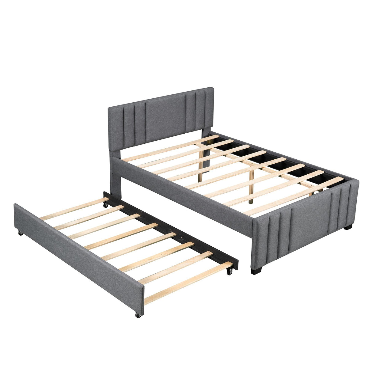 Platform Bed with Trundle, Modern Design and Tufted Linen, Grey
