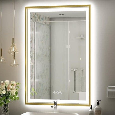 Bathroom Mirror, 28x36 Inch Frontlit & Backlit Gold Framed Lighted Mirror,Wall Mouted