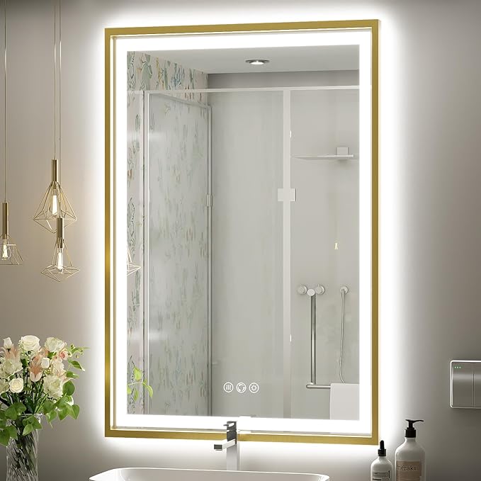 Bathroom Mirror,  Frontlit & Backlit Gold Framed Lighted Mirror
