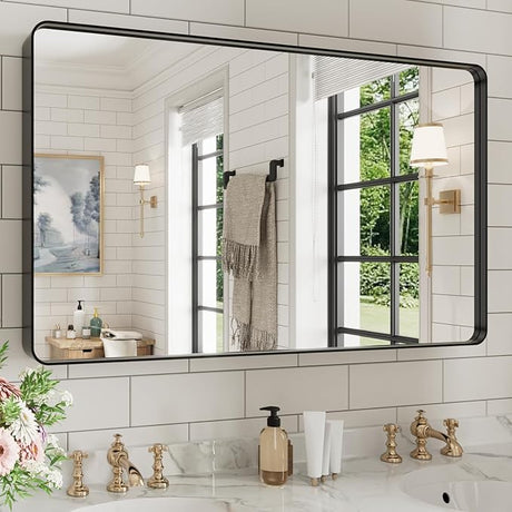 Black Bathroom Mirror for Wall, 40X24 Inch Matte Black Mirror, Rectangular Black Metal Framed Vanity