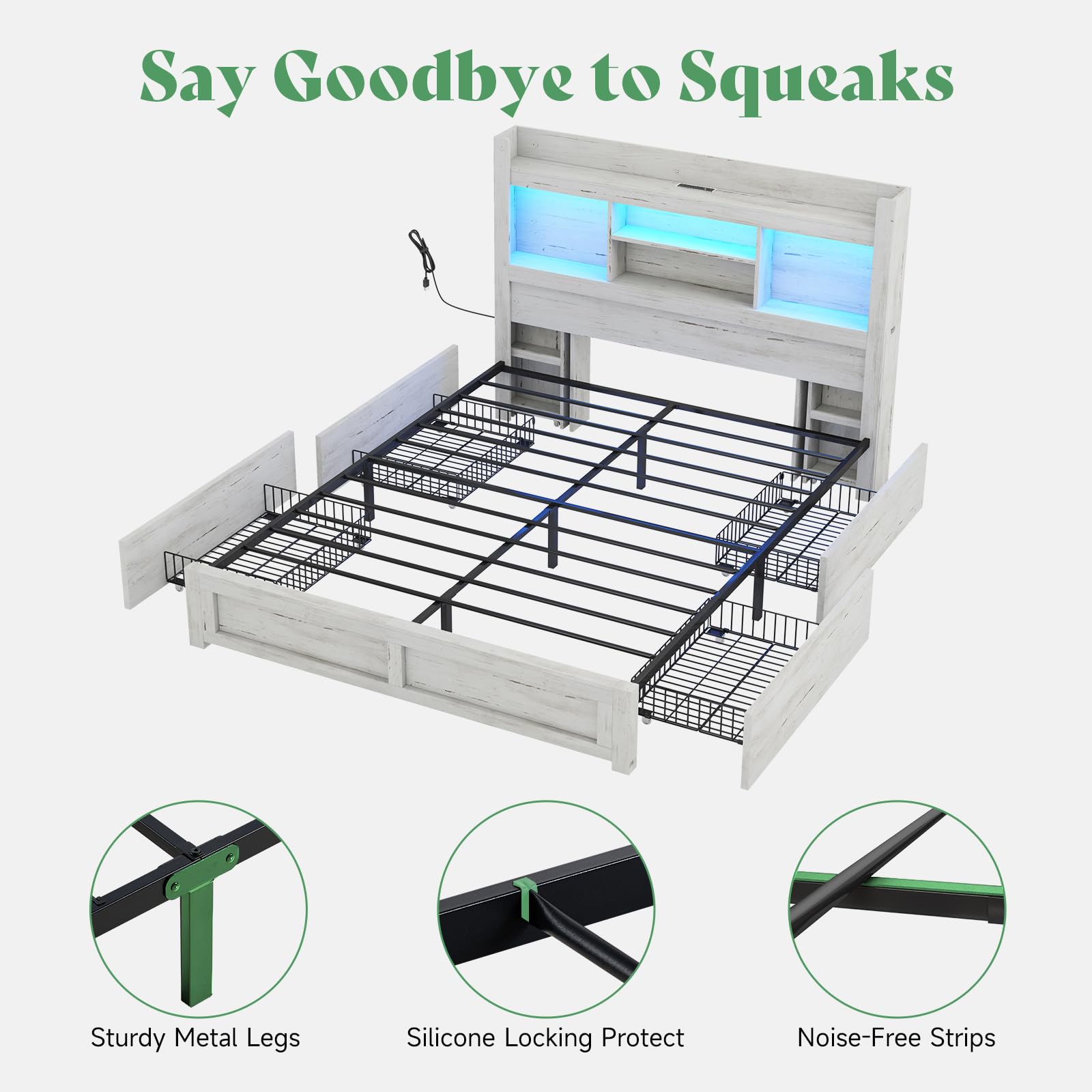 Queen Bed Frame with 4 Storage Drawer, LED Bed Frame with 49.6" Tall Bookcase