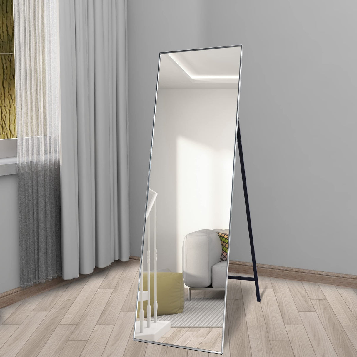 65 Inch Silver Full Length Mirror - Rectangular Standing Mirror with Aluminum Alloy Frame