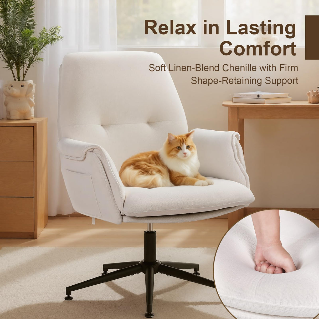 High Back Fabric Office Chair - Cross-Legged Desk Chair with Armrests