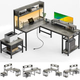 L Shaped Computer Desk with Power Outlet & LED Strip, Reversible Corner Desk