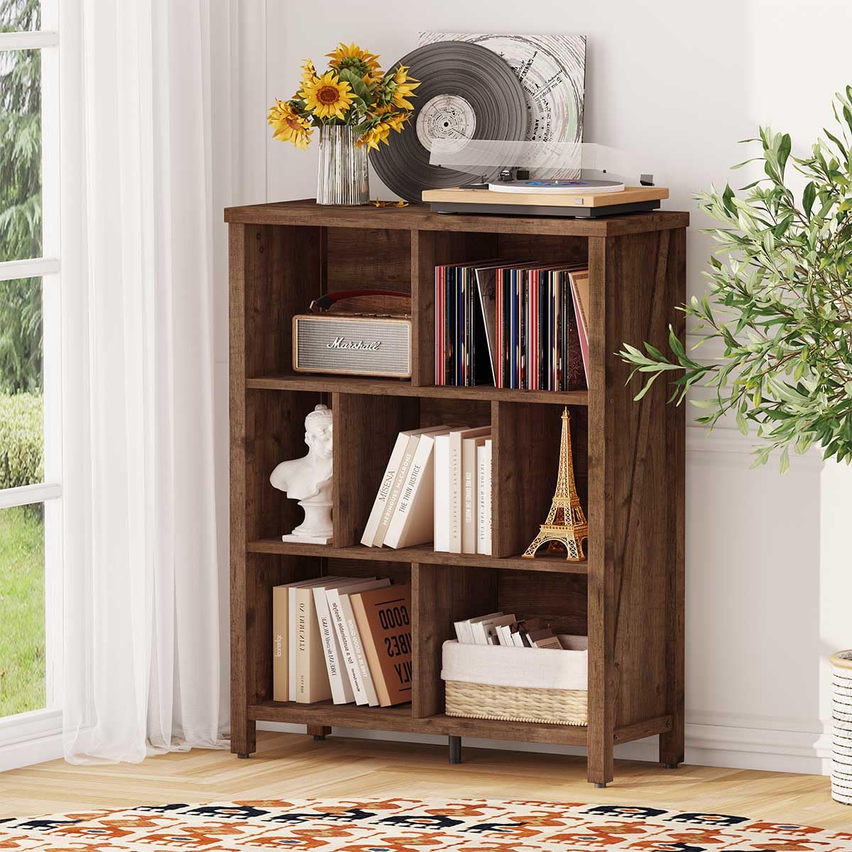 BON AUGURE Cube Storage Organizer, 3 Tier Wood Cube Bookshelf, Farmhouse Cubby Bookcase, Retro Book Shelves for Living Room, Bedroom, Office (Rustic Oak)