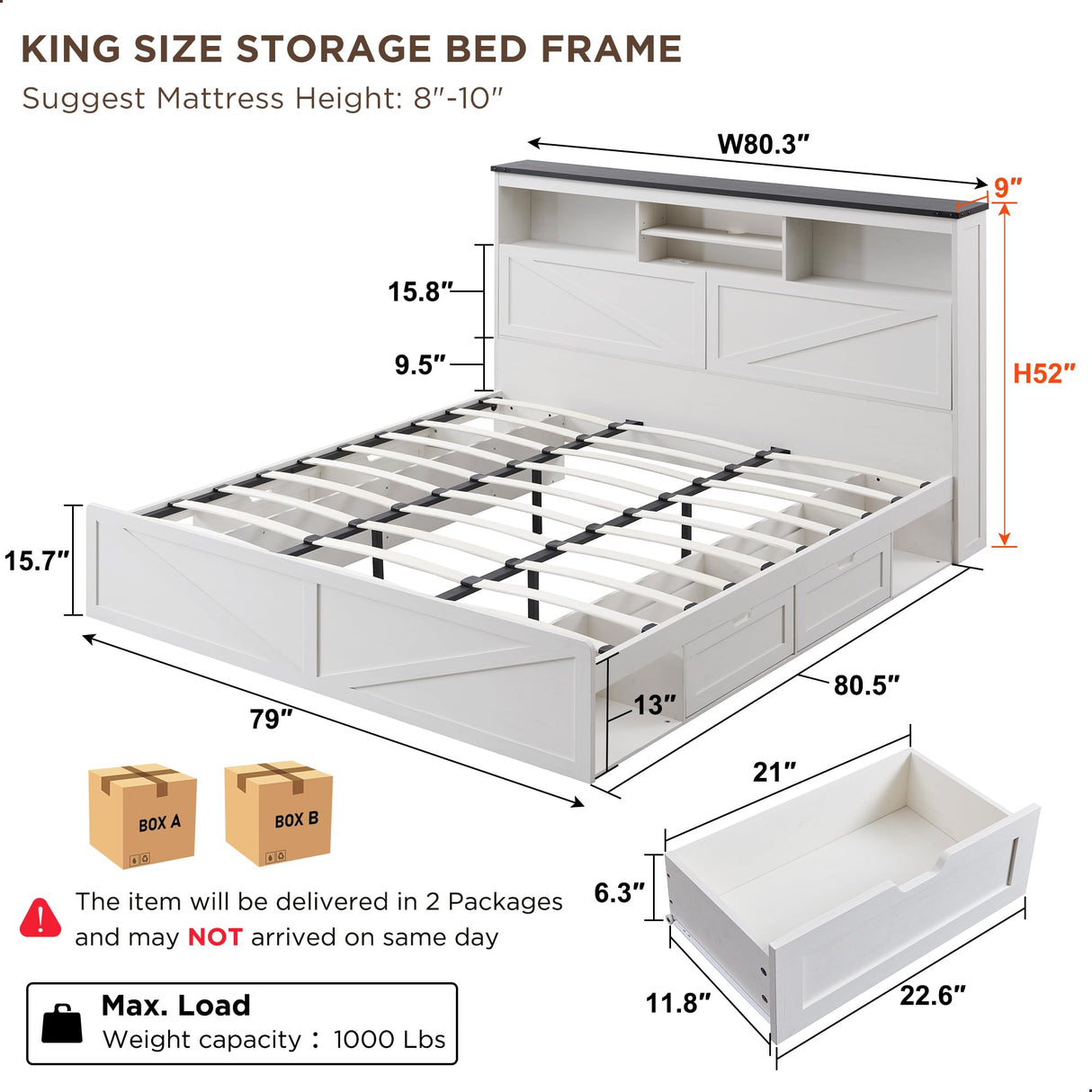 King Size Wood Bed Frame Farmhouse with 52" Tall Storage Bookcase Headboard,