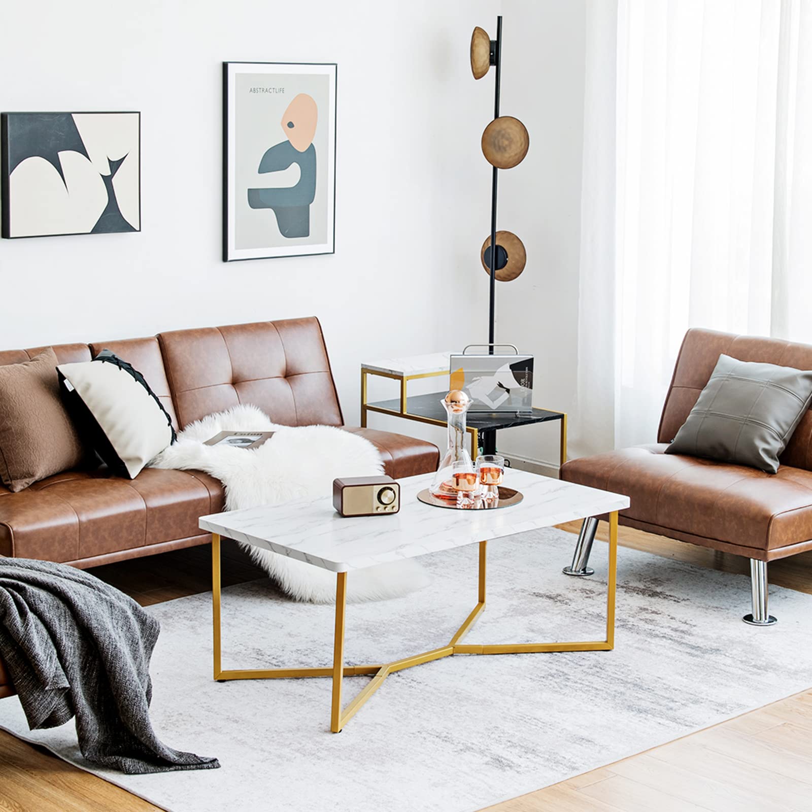 Modern Coffee Table, Accent Center Table with Faux Marble Tabletop