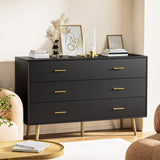 Black 6 Drawer Dresser for Bedroom, Wooden Black Double Dresser with Gold Handles