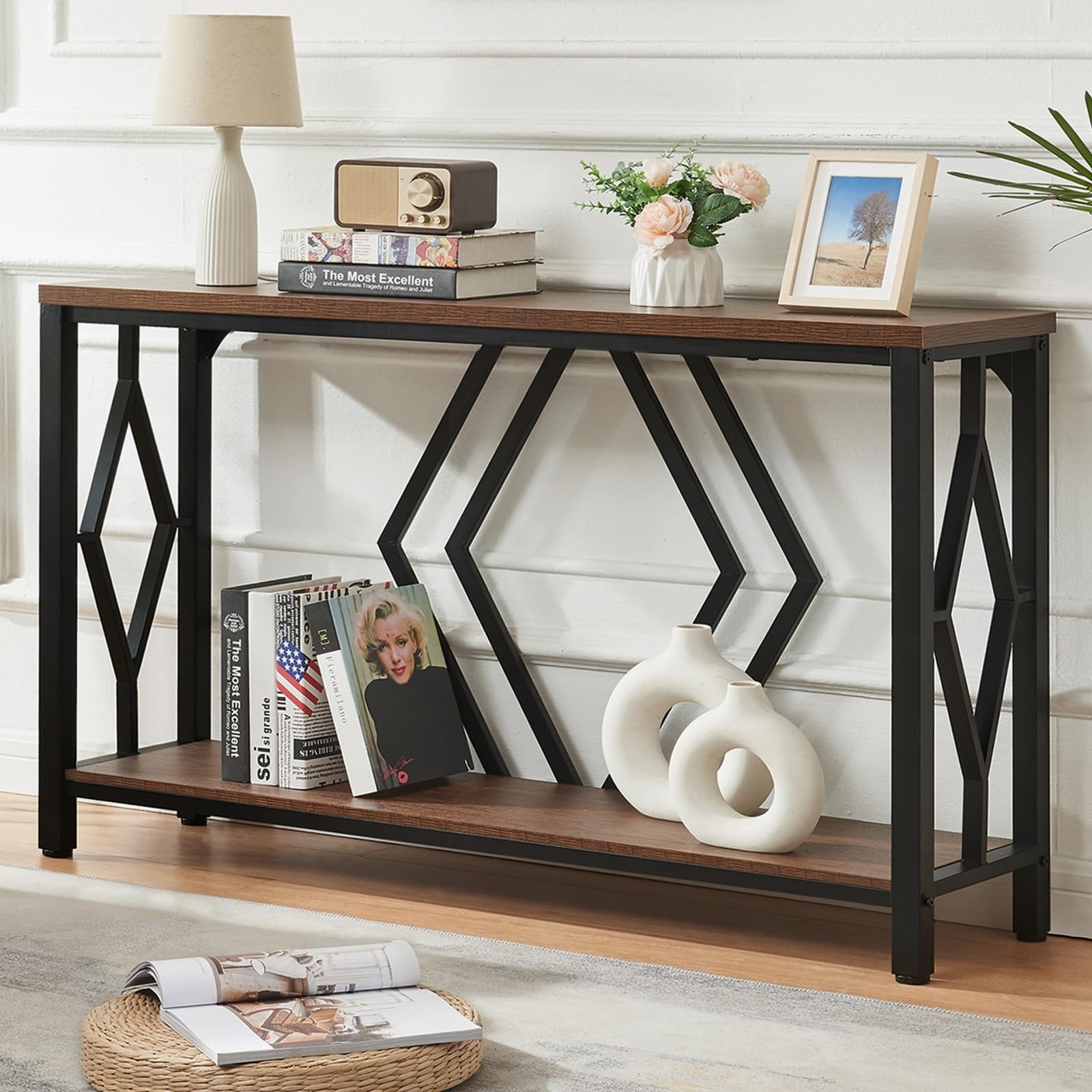 2-Tier Industrial Console Table - Rustic Brown Entryway Table 47"
