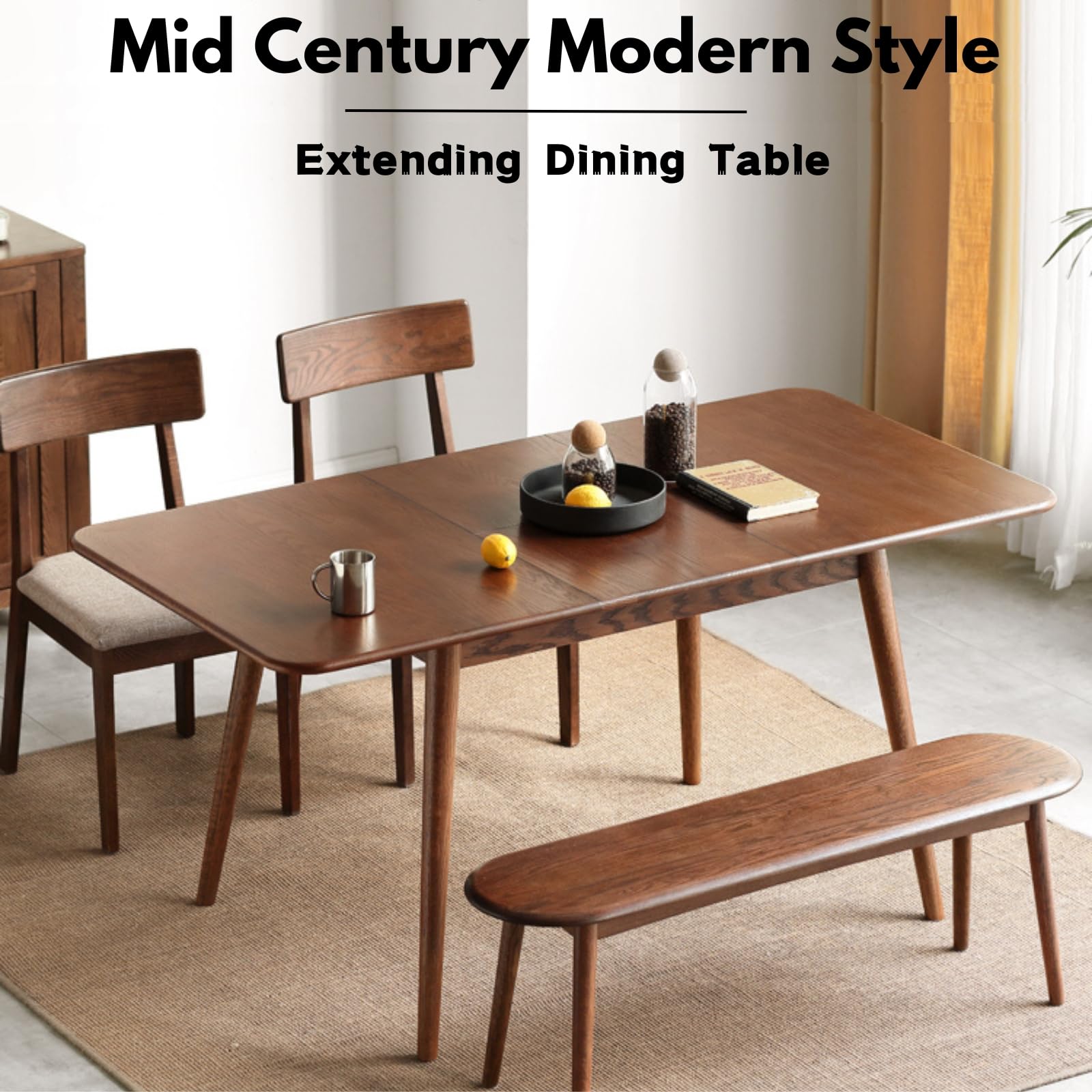 Grewood Extendable Dining Table - 100% Natural Oak Wood Telescopic Dining Table for 6-8 - Modern Dining Table with 47.24-63inch for Kitchen Room,Dining Room,Apartment (Walnut Color)