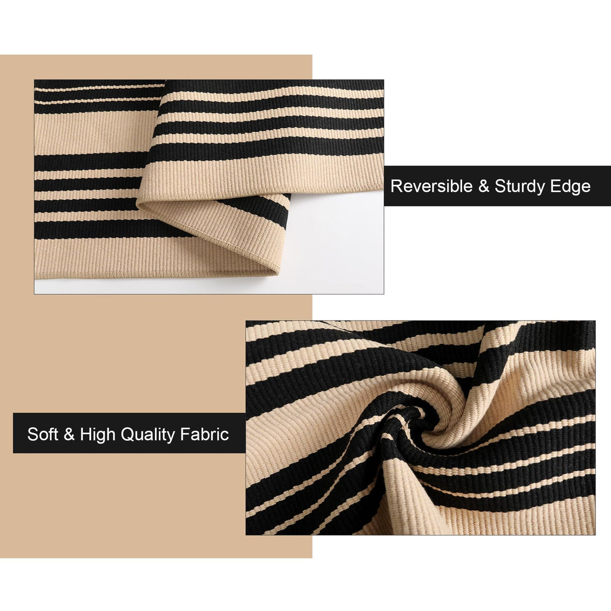 Black and Khaki Striped Rugs 3x5, Outdoor Cotton Hand Woven Front Door Mat,Washable