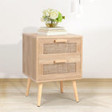 2PCS Rattan Nightstand, End Table with 2 Drawers and Solid Wood Legs, Side Table