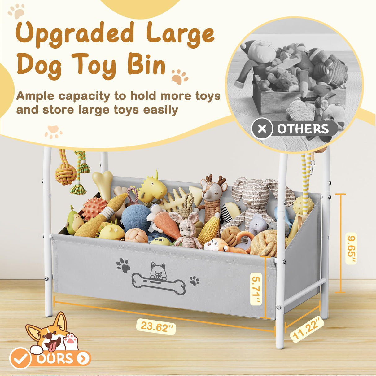 Large Dog Toy Storage Basket with Shelf & Hooks - 23.6" Organizer