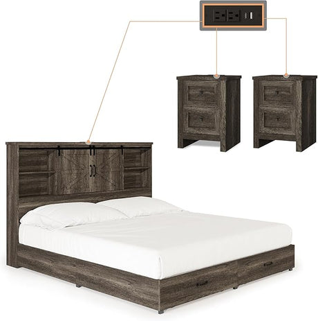 Quen Bed Frame with Nightstands Set of 2, 3-Piece Bedroom Set, Wood Platform Bed