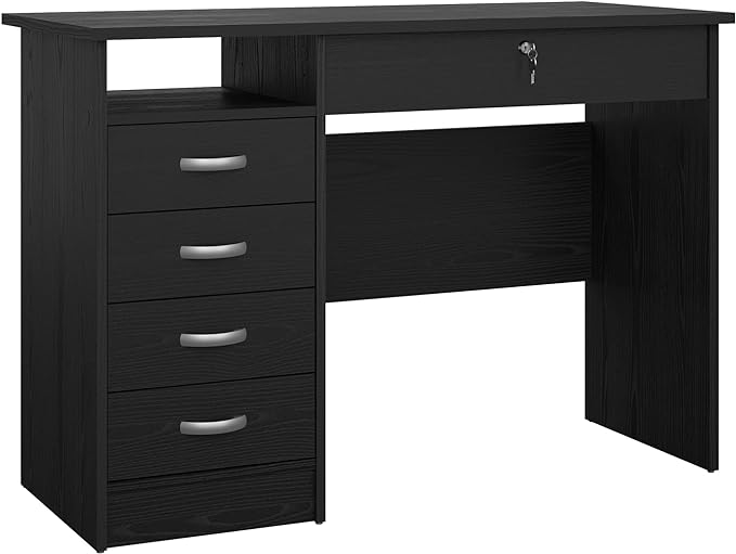 Desk with 5 Drawers, Black Woodgrain