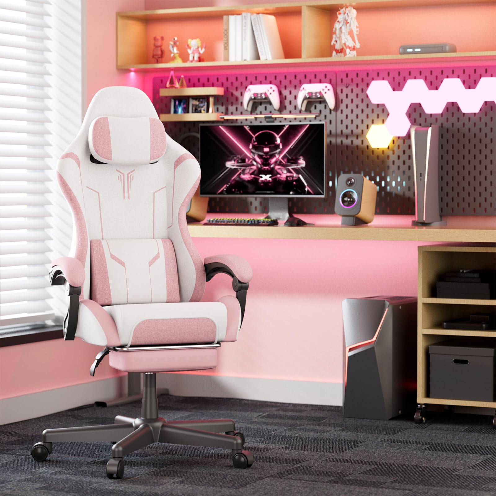 Ergonomic Gaming Chair with Massage Lumbar and Footrest - Pink & White