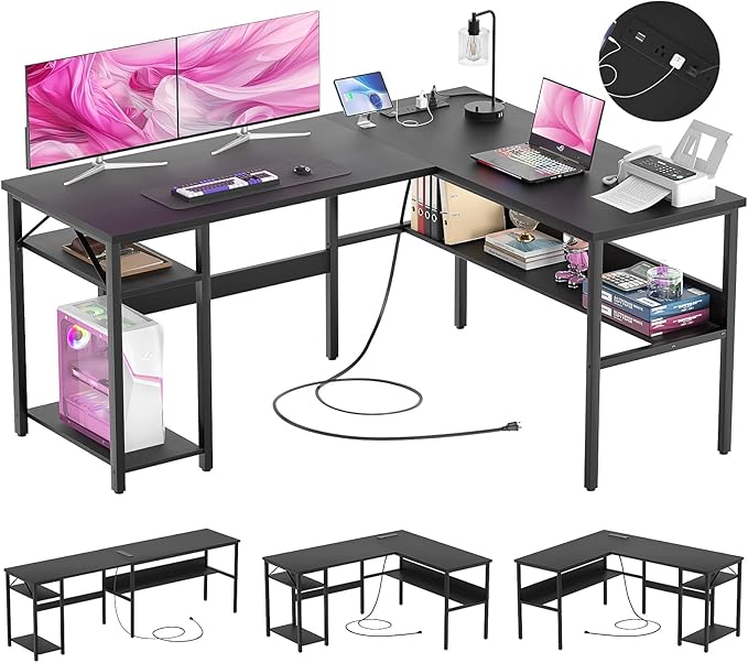 Reversible L Shaped Computer Desk with Power Outlets and USB Charging Ports