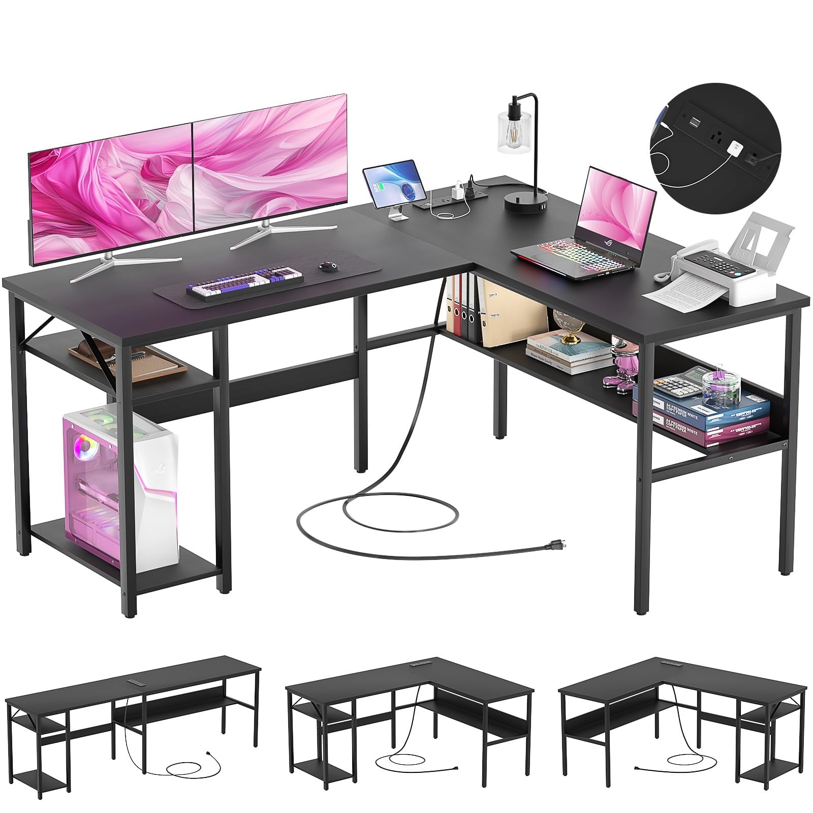 Reversible L Shaped Computer Desk with Power Outlets and USB Charging Ports