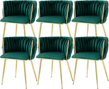 Modern Velvet Dining Chairs Set of 4, Woven Dining Room Chairs with Gold Metal Legs