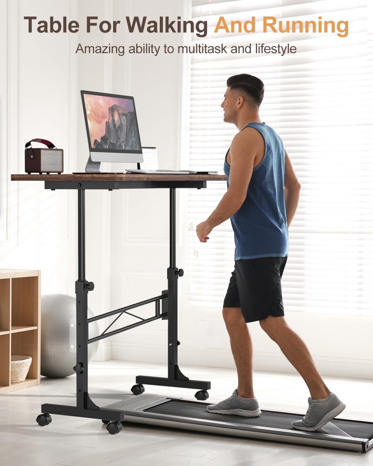 Small Standing Desk Adjustable Height, Mobile Stand up Desks with Wheels, 32 Inch Portable Rolling Small Computer Desks, Portable Laptop Desk Wood Rustic
