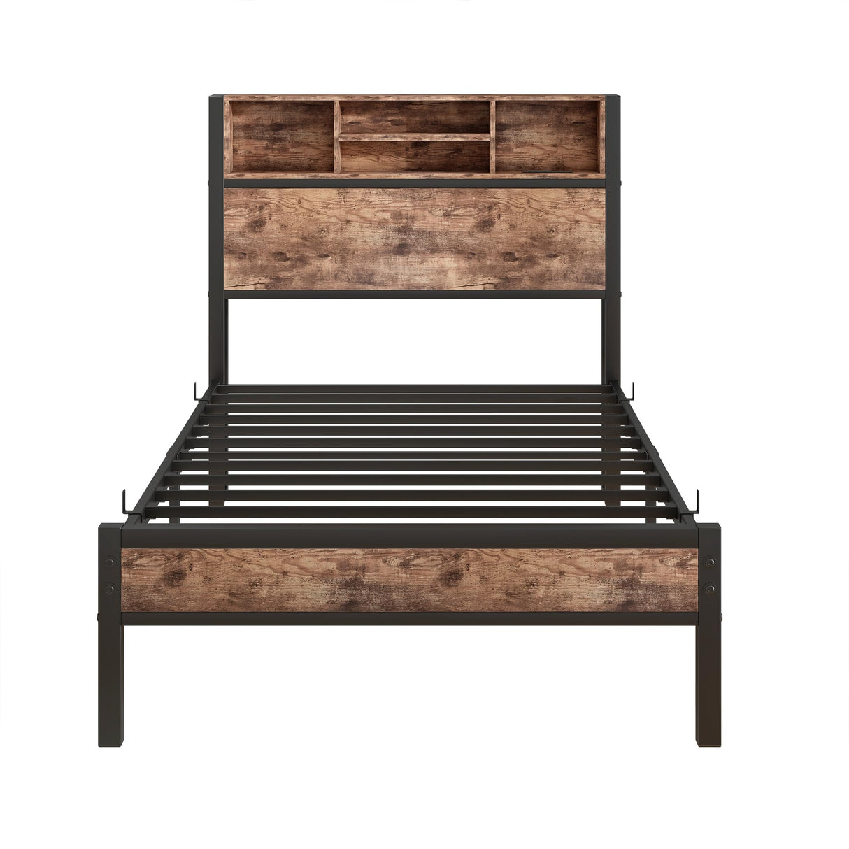 Twin Bed Frame with Bookcase Headboard/USB Charging Station,Metal Platform Bed,