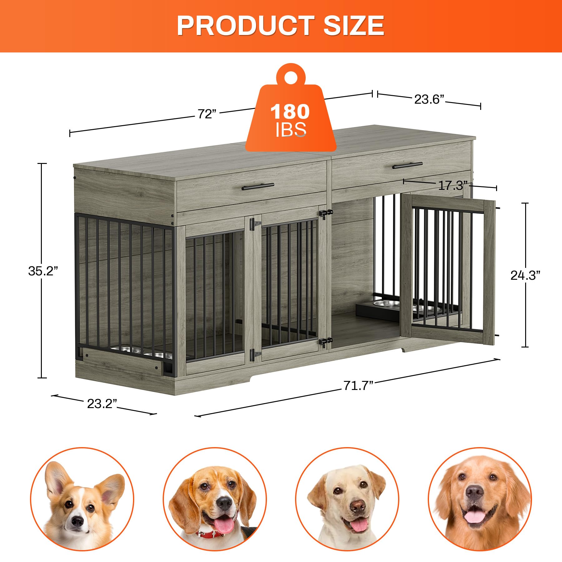 72" Double Dog Crate Furniture with Storage Drawers
