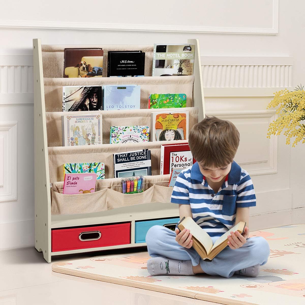 Kids Book Rack with 2 Storage Bins, Wooden Toddler Bookshelf with 4 Sling Shelves