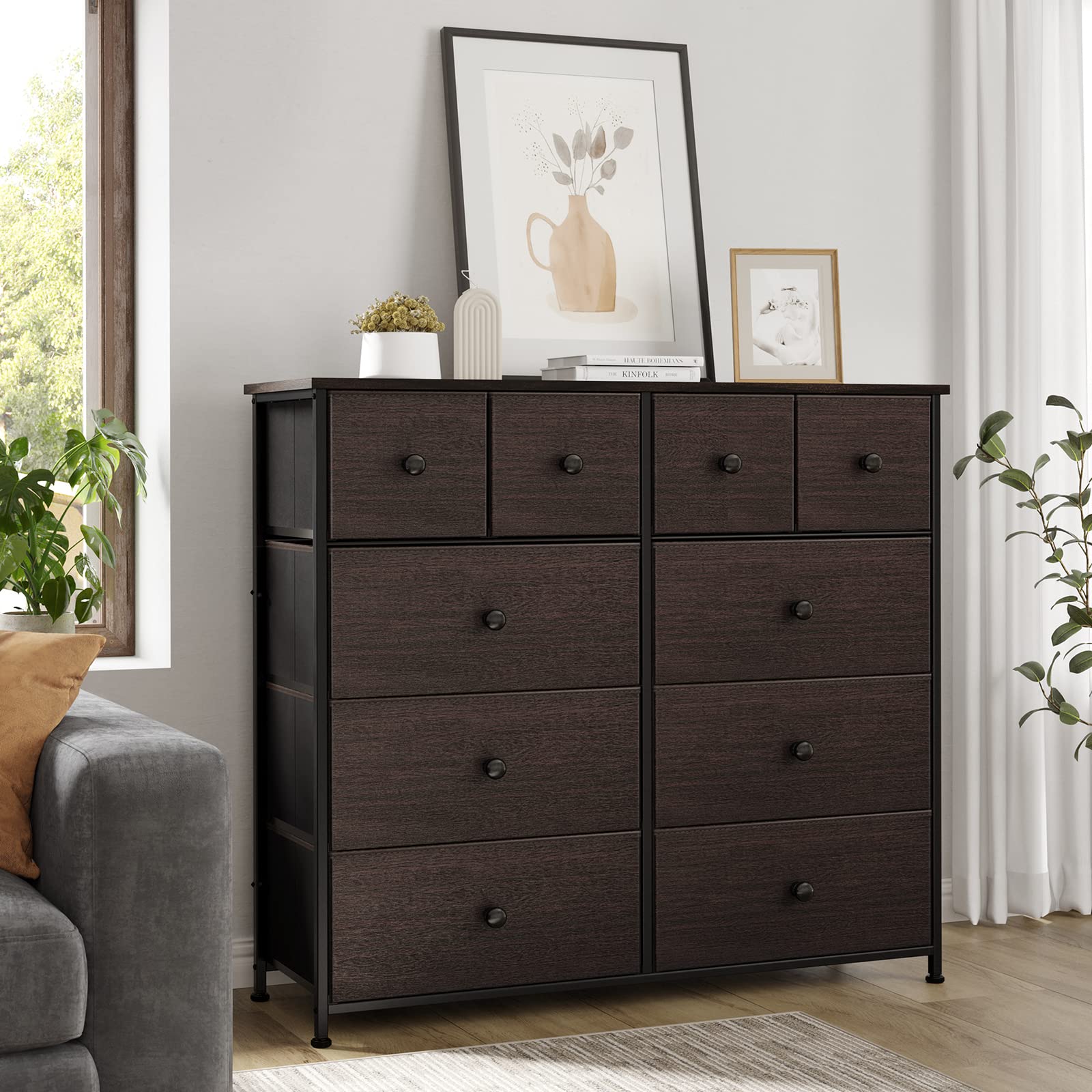 Bedroom with 10 Drawers, Wide Black Dresser with Wood Top