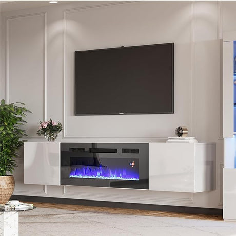 Floating Fireplace TV Stand, Wall Mounted Mirrored Entertainment Center