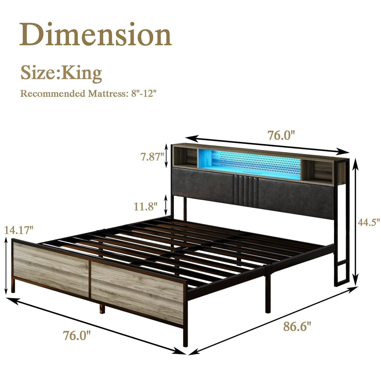 King Size Bed Frame, King Bed Frame with Charging Station and LED Lights, King Size Upholstered Bed Frame with Headboard Storage, Heavy Duty Metal Slat Support, No Box Spring Needed, Noise-Free