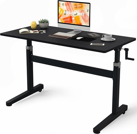 Manual Standing Desk Adjustable Height- Crank Mobile Standing Desk 48 x 24 Inches Sit Stand Desk Frame & Top, Stand Up Desk on Wheels, Computer Desk Black Frame & Rustic Brown