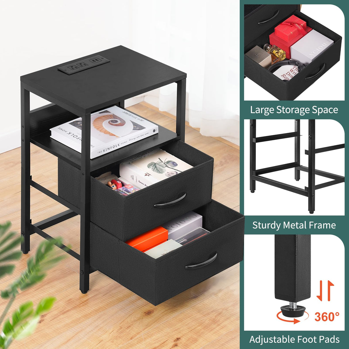 Nightstand with Charging Station, LED Night Stand with Fabric Drawers tlets