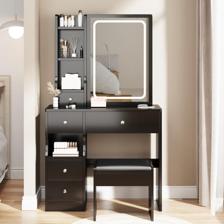 Desk with Sliding Mirror and Lights, Small Vanity Table with 5 Drawers & Cushioned Stool,