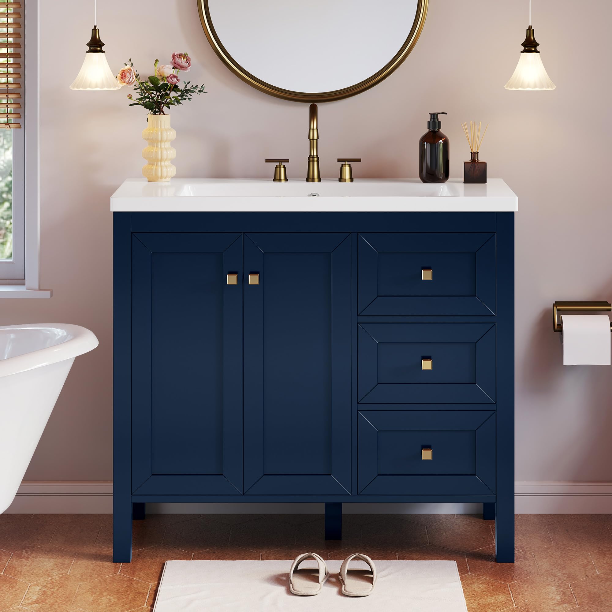 36" Bathroom Vanity with Sink Set, Vintage Bathroom Cabinet Vanity with Resin Basin
