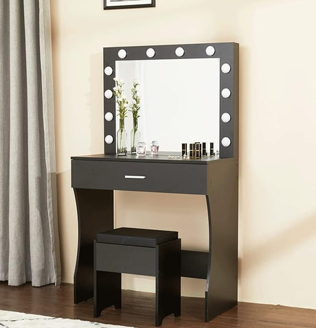 Desk with Mirror and 12 Lights 3 Color Modes, White Vanity Table for Bedroom