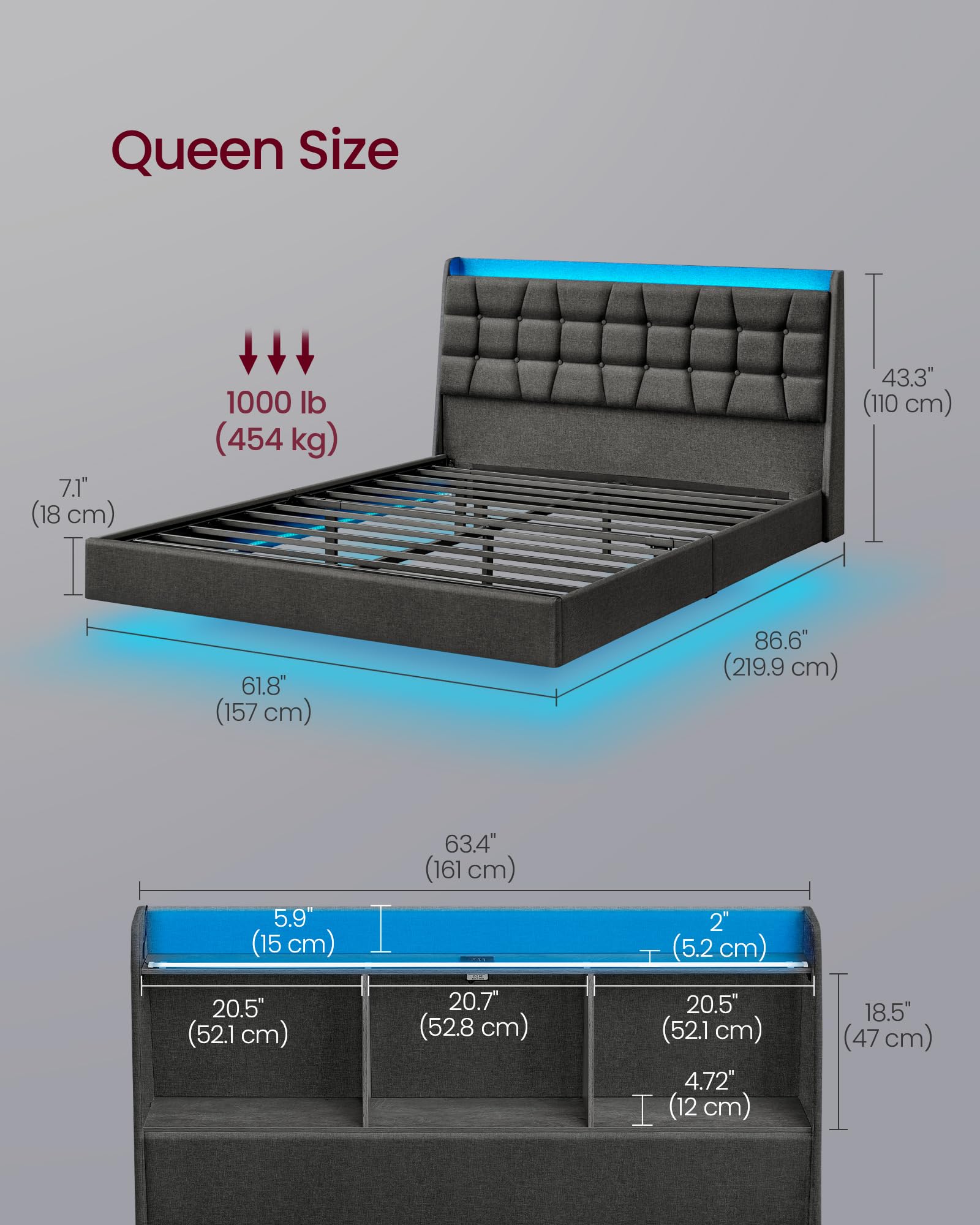 VASAGLE Queen Size Floating Bed Frame with LED Lights, Queen Bed Frame with Charging Station, Tufted Storage Headboard, Upholstered Platform Bed Frame, No Box Spring Needed, Dark Gray URMB851G71