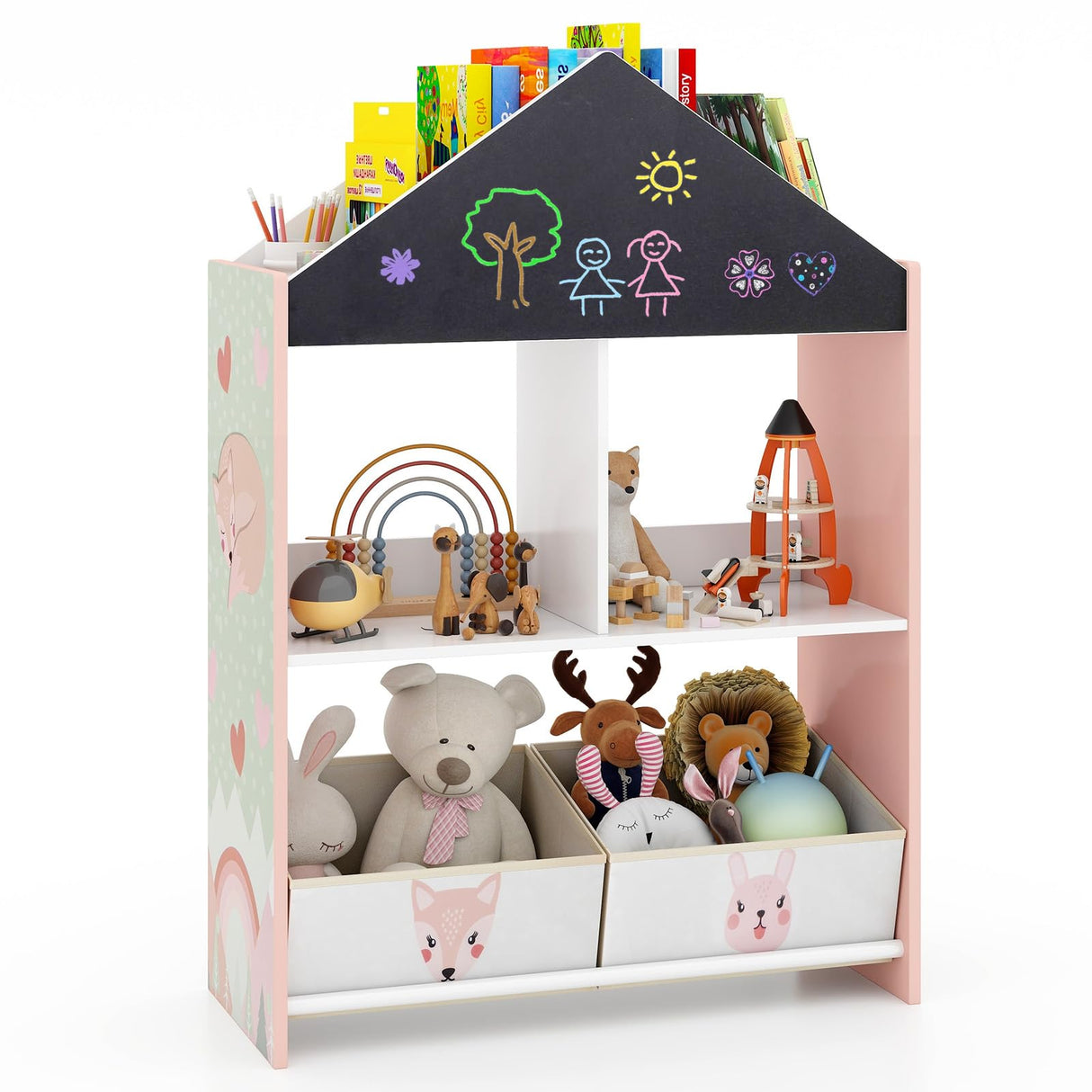 Bookshelf, Wooden Dollhouse Bookcase with Blackboard, Whiteboard, Toddler Book Shelf with Cubby & 2 Fabric Bins, Toy Storage Organizer for Kids Room, Playroom, Nursery (Pink)